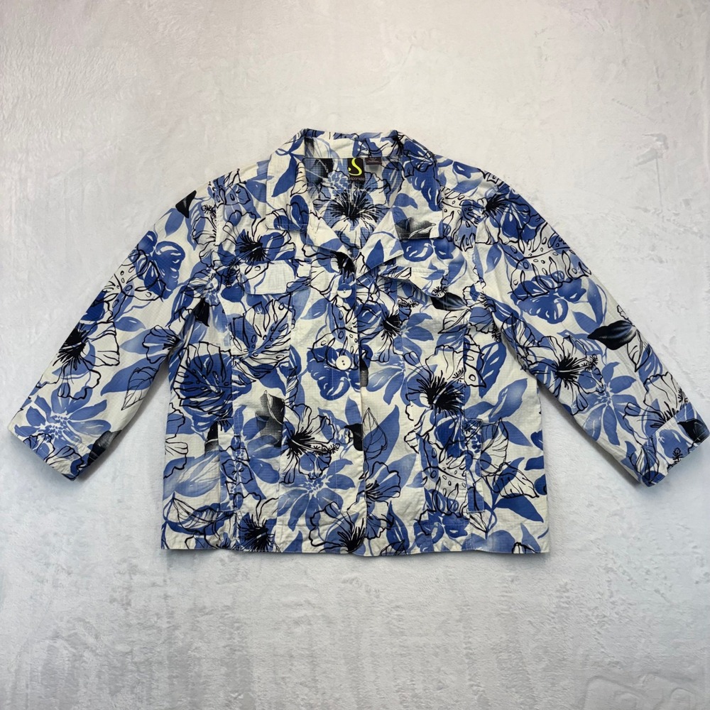 Sportelle Blue White Tropical Floral Hibiscus Ripstop Button Up Jacket XL